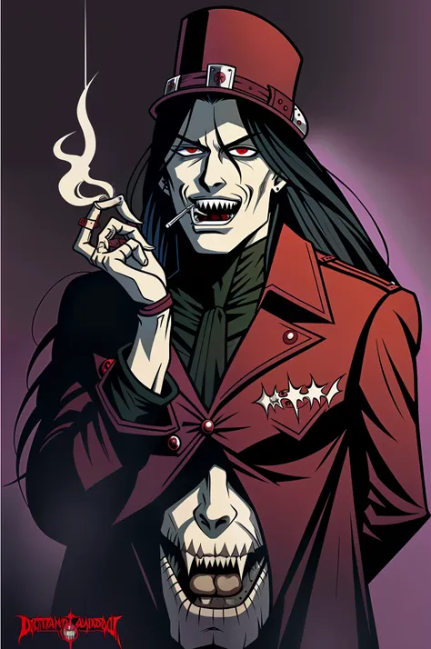 high quality,  alucard, hellsing, smoking reefer,  in a bar, digital art illustration, by  darwyn cooke