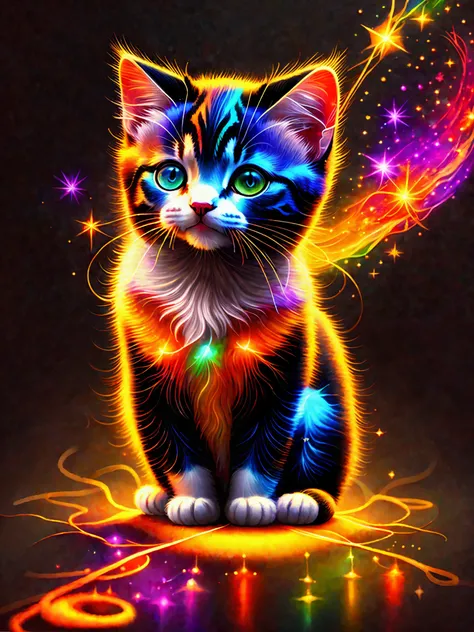 a painting of a colorful kitten on a black background,, breathtaking rendering, within a radiant connection, inspired by Kinuko Y. Craft,, magical elements, kitten icon, wow, is beautiful, casting a multi colorful spell, bright flash, flash