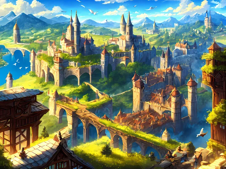 medieval kingdom. sunny morning. 8k resolution. ratio 3:2. very high drawing skills. bird's eye viewpoint. very stunning view. a...