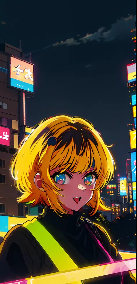 1girl, solo, black sweater uniform, bangs,happy,posing, multicolored hair, (masterpiece:1.2), highres, best quality, 8k, Night neon city Tokyo background, yellow hair