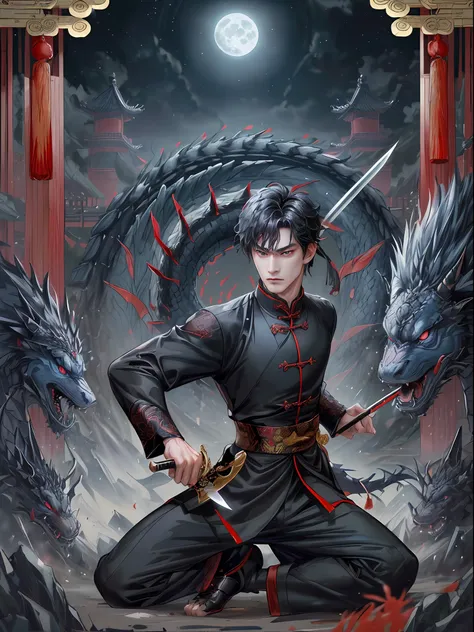 ((Chinese style)),((black hair + black pupil: 1.2)|( Oriental Beauty: 1.3)),((Game background: 1.2)|( Battle Scene: 1.2)),((Majestic Sword: 1.3)|( Long knife: 1.2)| (Blue Dragon Moon Blade: 1.1)))