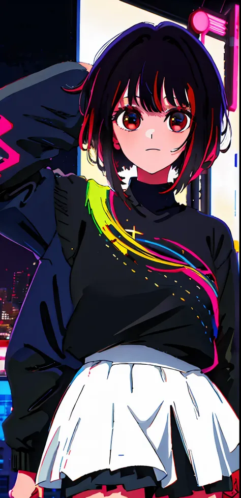 1girl, solo, black sweater uniform, bangs,happy,posing, multicolored hair, (masterpiece:1.2), highres, best quality, 8k, Night neon city Tokyo background, white hair
