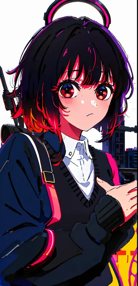 1girl, solo, black sweater uniform, bangs,happy,posing, multicolored hair, (masterpiece:1.2), highres, best quality, 8k, Night neon city Tokyo background, white hair