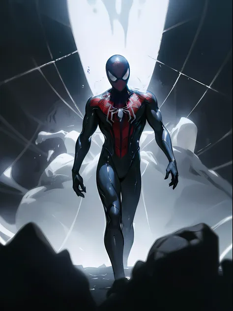 spider man in a black outfit with spider in the center of his chest in white, organic looking outfit, gooey forehead, symbiote, ...