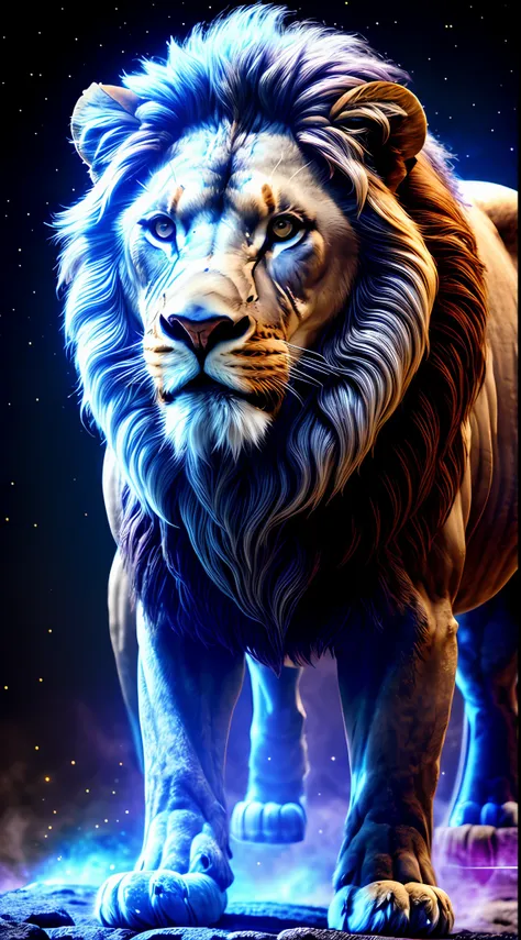 An imposing lion with humanoid body, ancient Greek style, full body, shiny eyes, ultra realistic photography, with blue nebula and 8k purple background, realistic texture, dynamic composition, Fujifilm XT2, 85mm F1.2, shutter speed 1/80, (bokeh), high cont...