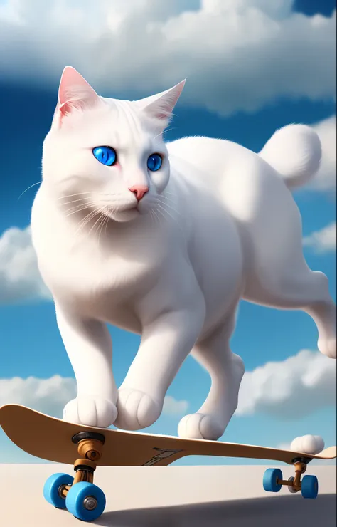 (best quality, hyper-realistic image), portrait of a blue-eyed white cat riding a skateboard, sky clearing in the background.