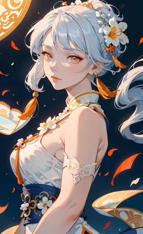 Mature girl, orange eyes, blue-white hair color, floating hair, delicate and flexible eyes, intricate damask hanfu, gorgeous accessories, wearing pearl earrings, FOV, f/1.8, masterpiece, ancient Chinese architecture, blue sky, flower petals flying, front p...