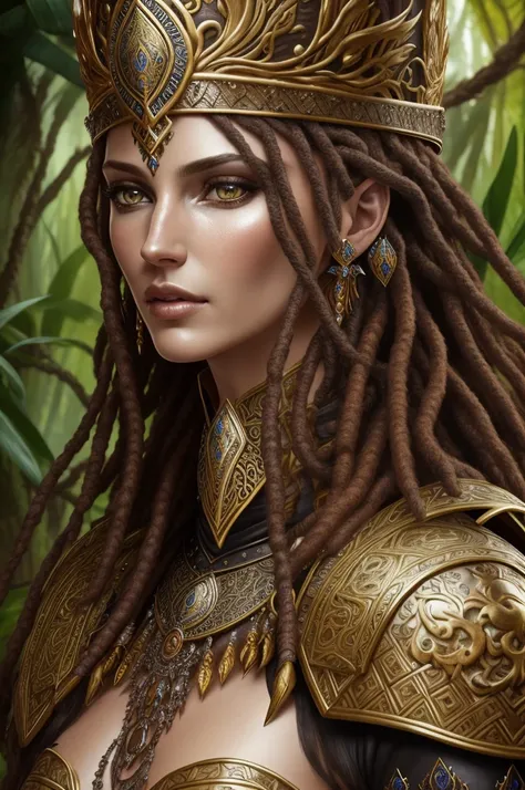 fantasy shaman, beautiful hungarian|indonesian woman, with dreadlocks, wearing ornate intricately decorated leather armor, realistic render, Dungeons and Dragons, Fantasy, octane render, zbrush. Character design, photorealistic, unreal engine, hyper-detail...