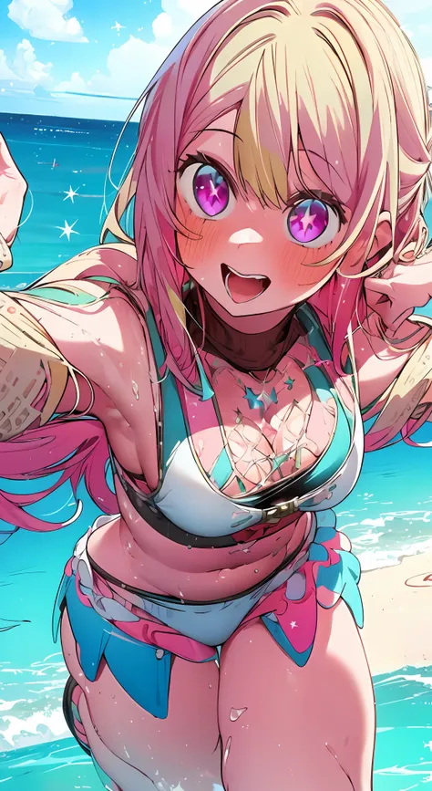 1girl, solo, pink swimsuit , bangs,happy,posing, multicolored hair, sea background , (masterpiece:1.2), highres, best quality, 8k, star-shaped pupils in left eye, blonde hair, long hair, pink eyes, blonde, bangs,happy,posing, multicolored hair,