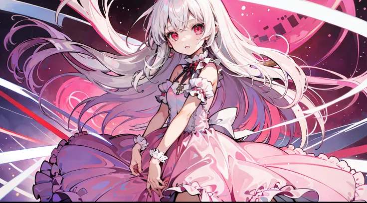 1girl, solo, white hair, red eyes, pink dress, dress, long hair