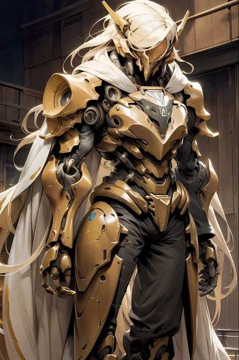 masterpiece, best quality,  scorni weaver,   long hair, blonde hair,  biomechanical arms,  science fiction, a large brown armor ...