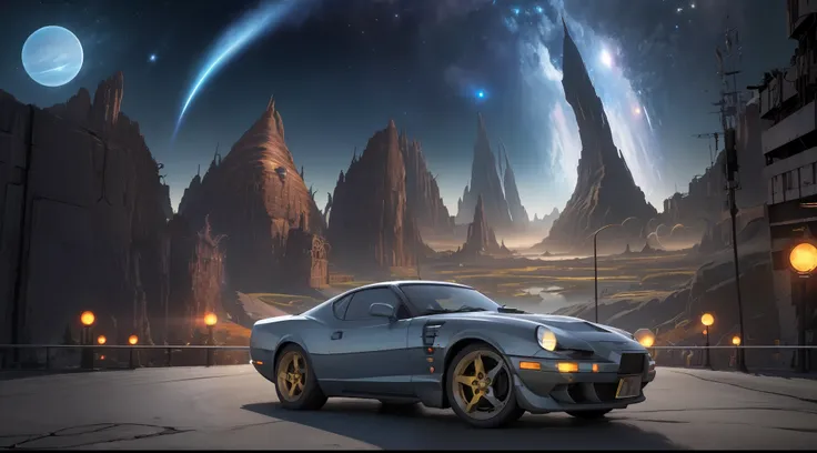 high quality, masterpiece, driving vehicle, highway, swirls and fractals, space time continuum elden ring, hellfire, meteor, cosmos, the unknown, Berserk, the apocalypse, dystopian cyberpunk, background art, navy, boats, landscape scenery, happy, joyful, b...