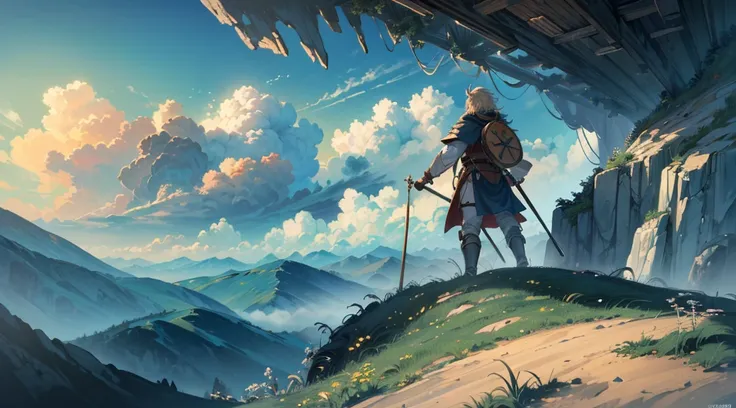 (Ultra detailed), (masterpiece), (best quality), (very detailed CG unit 8k wallpaper), (((extremely wide shot)))), ((a medieval explorer)), male, exploring, warped clouds, back view, ((on top of a hill)), male anatomy, soft light, conceptual art, dramatic,...