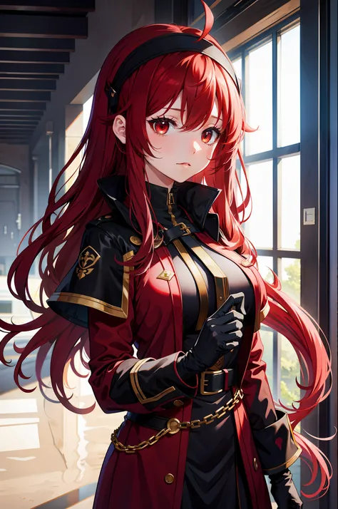 upper body, 1girl, Eris Greyrat, red hair, red eyes, ahoge, hairband, capelet, coat, gloves, (masterpiece:1.2), highres, best quality, 8k, very clear,