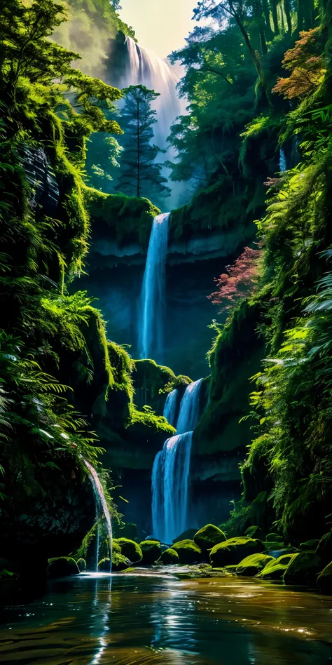 painting of a waterfall in a forest with a river running through it, an endless waterfall, multiple waterfalls, waterfalls, with...