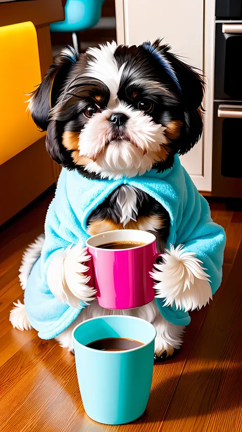 (shih-tzu dog:1.3) holding a cup of coffee, sitting, in a bathrobe, eating breakfast and holding a cup of coffee, coffee beans, ...