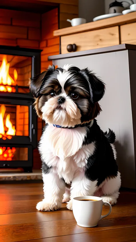 (shih-tzu dog:1.3) holding a cup of coffee, sitting, in a bathrobe, eating breakfast and holding a cup of coffee, coffee beans f...