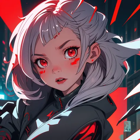 (best quality, masterpiece) one cute chibi girl in a technological suit, gray hair, glowing red eyes, bob haircut, vampire, pointed ears, close-up, waist-high, head in the center of the frame, full face, red neon city background, looking at the viewer, cyb...