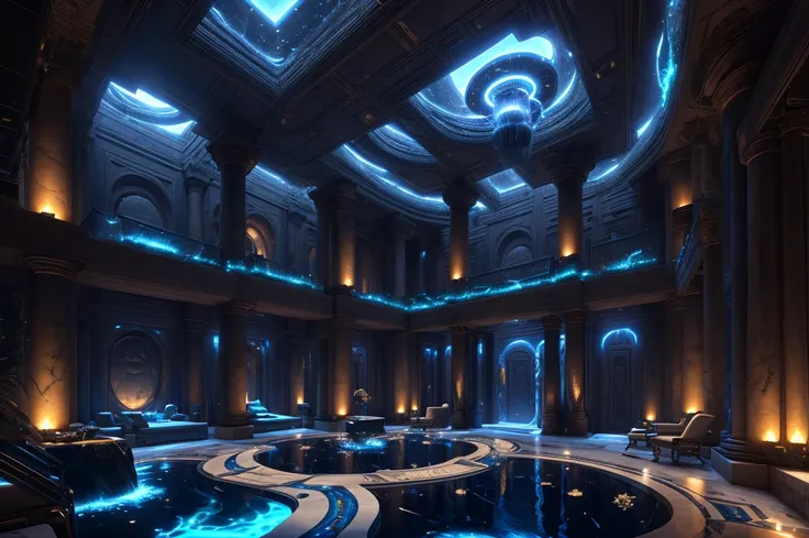 incredible luxurious futuristic interior in Ancient Egyptian style with many lush plants (lotus flowers:1.5, palm trees:2, rocky walls, sand:1.5, waterfalls:1.1), marble, precious minerals: 2, metals, gemstones, crystals, clouds and (water:1.6), ((luxury f...