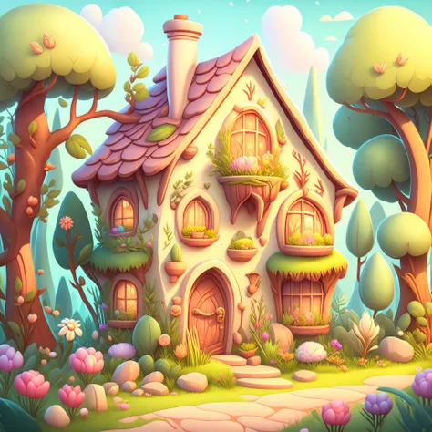 Cartoon-style house, flowers and plants, magical elements, mobile game, forest and plants, a touch of magical elements, outlines of animals.