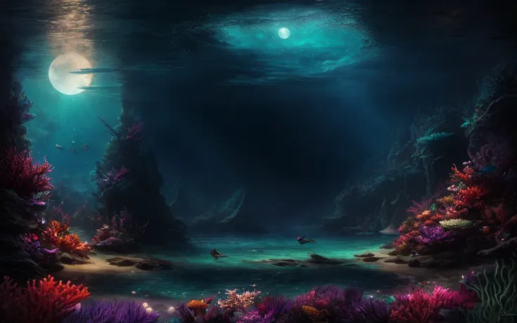 ((little mermaid,curly longhair)),ocean,fish around,moon light,coral reef,fantasy,intricate details,extremely detailed,hdr,high quality,highres,retina,Alayna Lemmer,Iryna Yermolova,