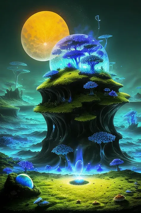 Cute anthill with moss and cute glowing ants sitting on top, made of sand, blue higan flowers blooming, transparent fog, hemispherical looking down from the sky, fantasy, art