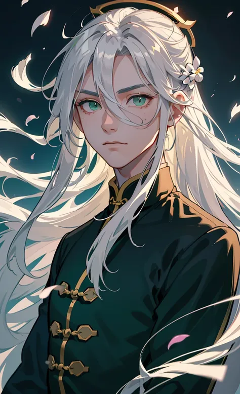 Adult male, strong, green eyes, long silver hair, floating hair, forehead wipe, resolute eyes, complex white Taoist Taoist uniform, gorgeous accessories, magic smoke around him, fov, f/1.8, masterpiece, ancient Chinese architecture, night, flower petals fl...