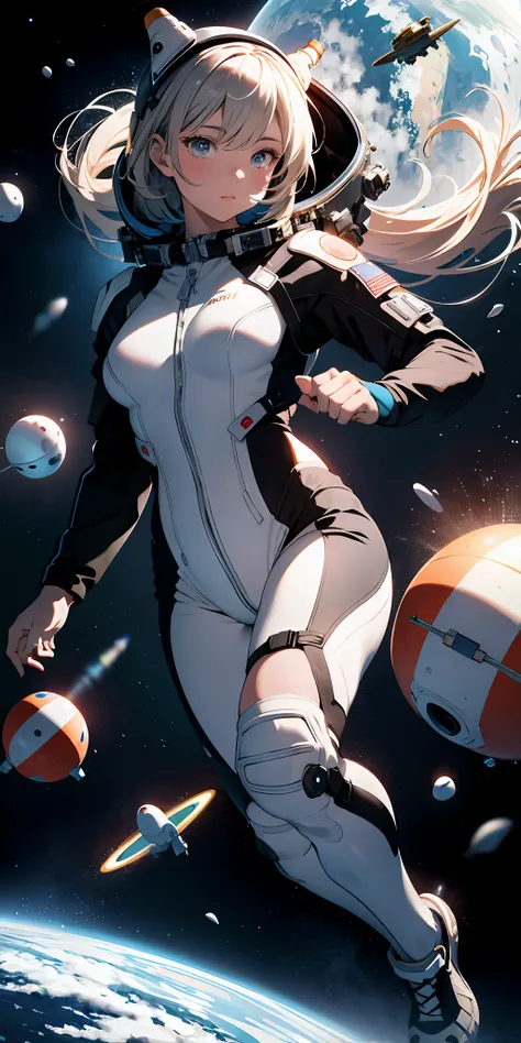 Absurd resolution, high resolution, (masterpiece:1.4), ultra-detailed, 1girl, in spacesuit, seen from above, space, floating, satellite, running pose, wide-angle lens distortion