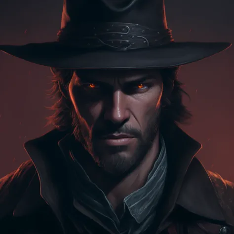 arafed image of a man with a hat and a leather jacket, portrait of a bloodborne hunter, jesse mccree, rpg portrait concept art, detailed character portrait, dnd character art portrait, mccree from overwatch, epic character portrait, detailed game art illustration, gungrave, epic portrait illustration, red dead redemption art style, painted in high resolution