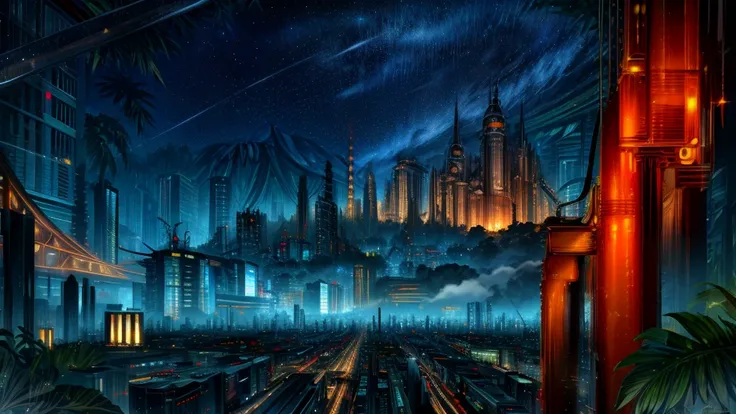((Metropolis in the jungle)),(absurdists: 1.2),(masterpiece: 0.8),(depth of field:0.9),,(well textured:1.1),(city center:0.8),(style-adventure:1),(extremely well detailed roads:0.7),(reflective puddles:0.4),(night:1.1),(night sky:1.2), ultra realistic 8k c...