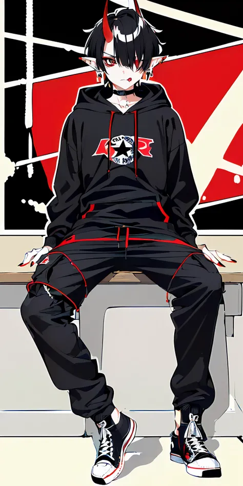 ((highest quality, masterpiece, 4k, finely detailed, gelbooru, pixiv)), finely detailed eyes and detailed face, warm lighting, ((solo)), 1boy, elf ears, (young boy), ((soft features)), emo, ((one demon horn fading from black to red on right side of head)),...