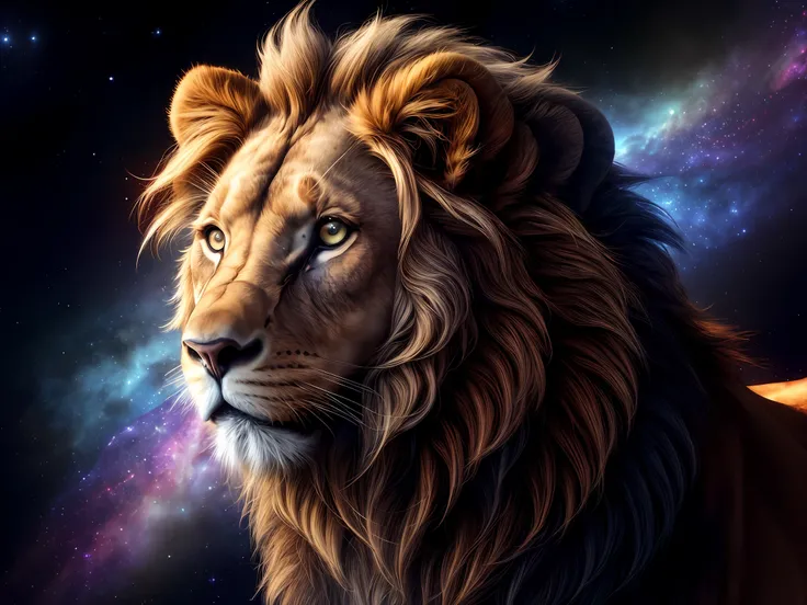 Galaxies, spirals, space, nebulae, stars, smoke, iridescent, intricate detail, in the shape of a lion, octane render, 8k