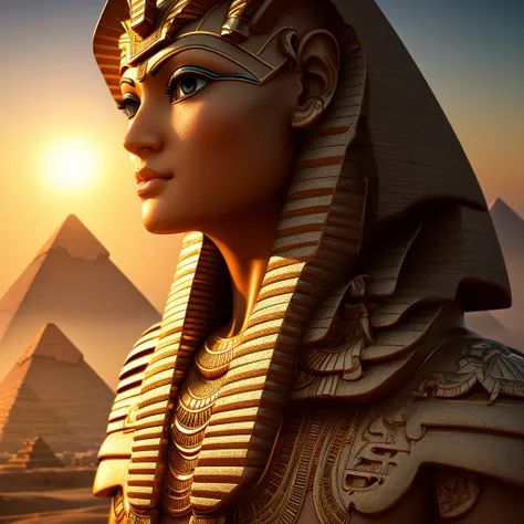 egyptian goddess, natural shape, very detailed, intricately beautiful and powerful face, epic image, pyramids at sunset, natural light, 8k, hdr,