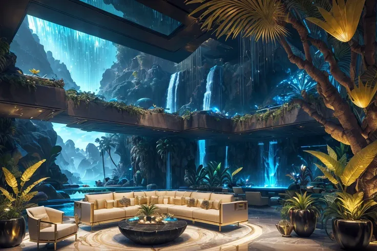 incredible luxurious futuristic living room interior in Ancient Egyptian style with many (((lush plants))) (lotus flowers), ((palm trees)), rocky walls, ((sand)), ((waterfalls)), (marble), ((precious minerals)), ((metals)), (gemstones), crystals, clouds an...