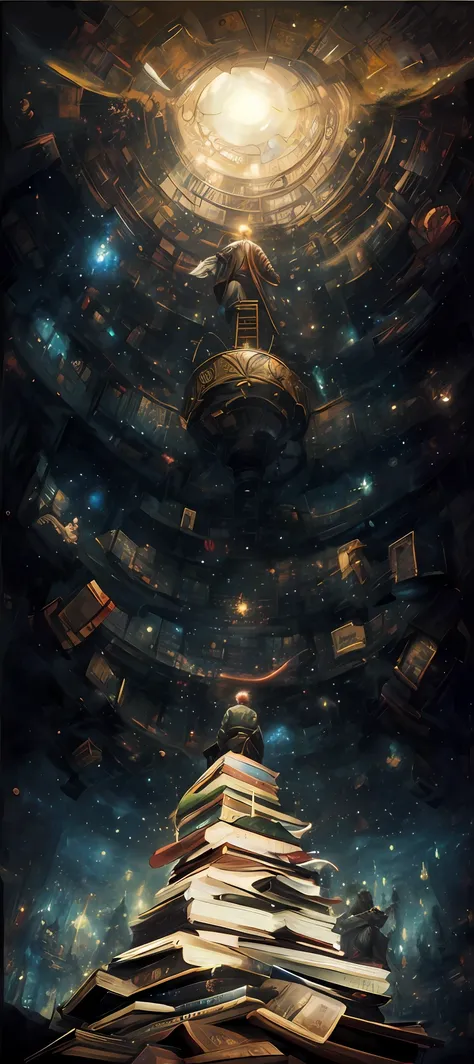 there is a painting of a man sitting on a pile of books, magical realism painting, science fantasy painting, borne space library...