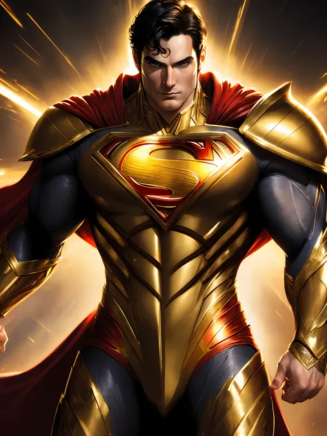 "(((masterpiece)))), best quality, magnificent golden effects, powerful armor, main superman, dynamic, great close-up, focused f...