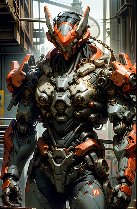 dark_fantasy,cyberpunk,(chain saw,chain saw man,red:1.1),1man,mechanical marvel,robotic presence,cybernetic guardian, wearing a ...