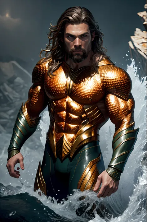 (8k, raw photo, best quality, masterpiece: 1.2), ultra-detailed, formal art, photorealism: 1.37, upper body shot, dc aquaman, fi...