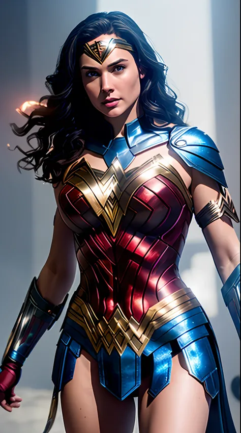 wonder woman, red and blue armor, photography, soft lighting, soft details, octane, artstation trending, ultra high detail, ultra realistic, cinematic,16k