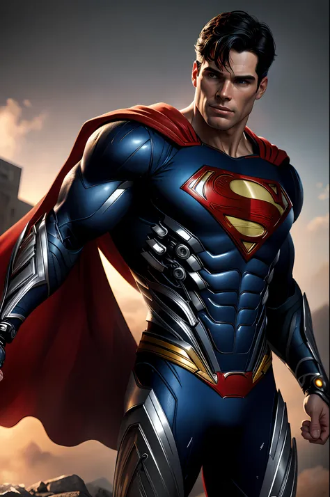 (8k, RAW photo, best quality, masterpiece:1.2), ultra detailed, official art, photo-realistic:1.37, upper body shot, DC Cyborg Superman, film grain, action pose