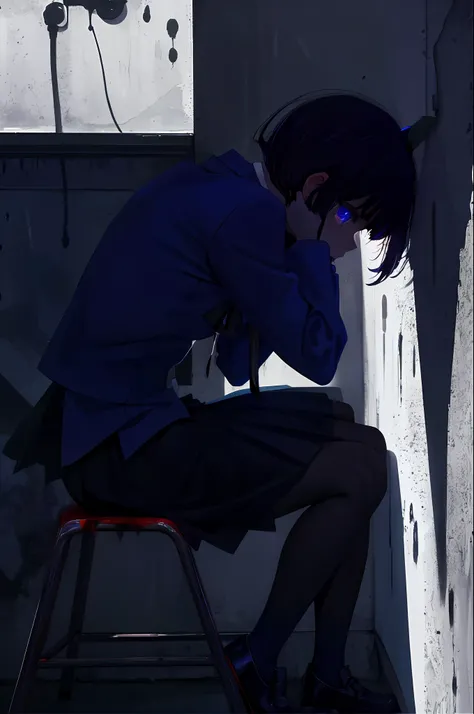 1girl, solo, thoughtful, thinking, heaviness, hard choice, abstraction, emotions, torment, guilt, closer view, looking at viewer, blood, knife,pupils, ((blue and black colors)), ((blue and black palette)), (((noir))), (((noir style)), sitting, crying in co...