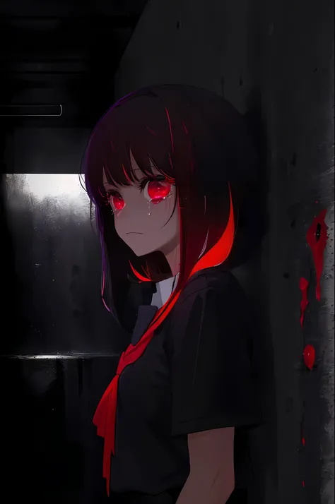 1girl, solo, thoughtful, thinking, heaviness, hard choice, abstraction, emotions, torment, guilt, closer view, looking at viewer, blood, knife,pupils, ((red and black colors)), ((red and black palette)), (((noir))), (((noir style)), sitting, crying in corn...