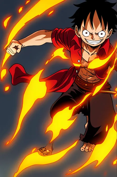 monkey d luffy with his blackened right fist of weapon haki staring and smiling at the camera. fire in the scenery. ((high quali...