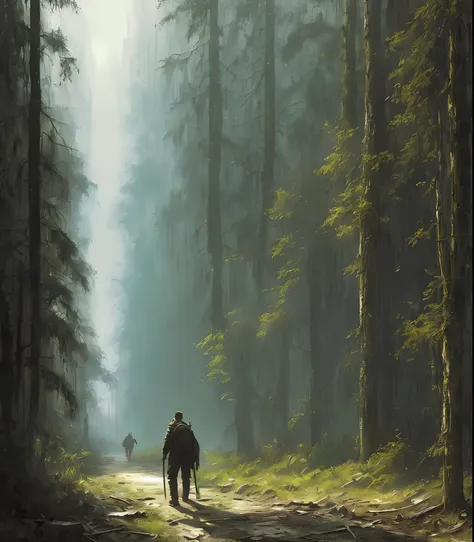 (masterpiece) high detailed raw, a post apocalyptic man with a backpack is walking through a dark alley way in a forest with tal...