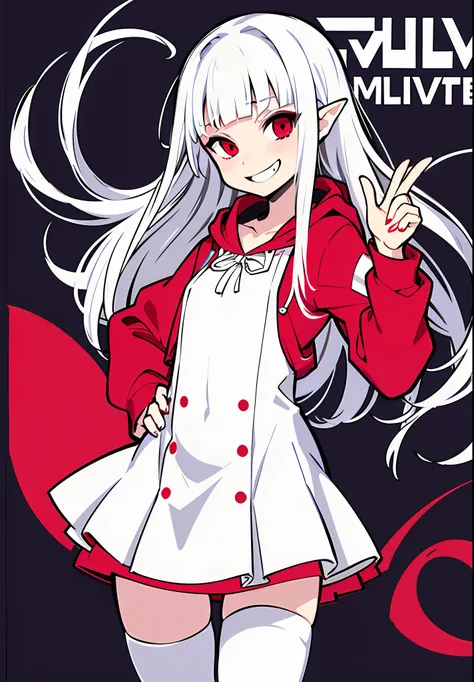 1girl, white hair, 20 years old, bangs, blunt bangs, vampire, frilled skirt, red windbreaker, modern windbreaker, modern, modern outfit, Columbia Womens Switchback III Jacket, hood down, pointy ears, looking at viewer, smirk, solo, amused expression, smug,...