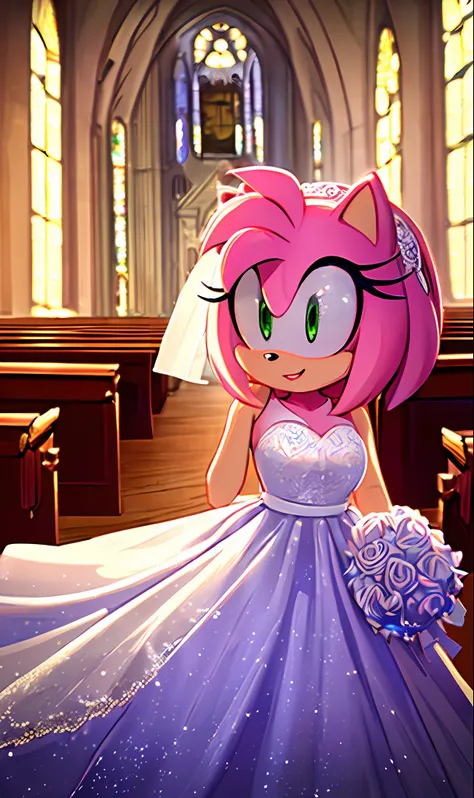 "(((masterpiece))),4k resolution,extremely delicate and beautiful,dynamic angle and pose,(1girl), church,animal nose,. Amy rose, wedding dress, smile