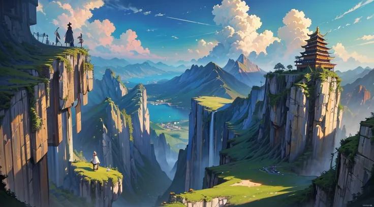 (((8k, RAW photo, best quality, masterpiece: 1.4)))), super high resolution, super detail, illustration, medieval explorer, (man on the cliff: 1.2), ancient Chinese architecture on the cliff, landscape, twisted clouds, well-made sky, Chinese Tang dynasty, ...
