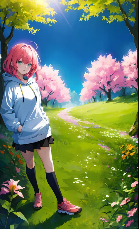 Anime girl,wearing a hoodie, surrounded by flowers,sunny,trees, forest,highest quality digital art, Stunning art, wallpaper 4k,8k,64k, HD, unparalleled masterpiece, dynamic lighting, cinematic, epic