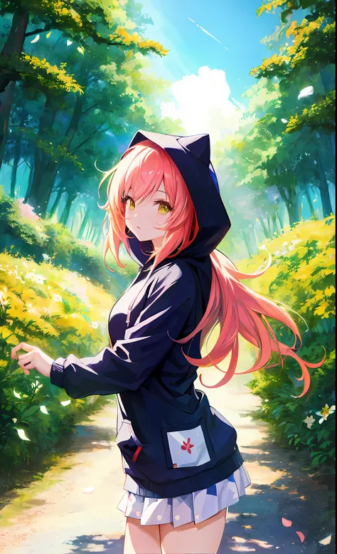 anime girl,wearing a hoodie, surrounded by flowers,sunny,trees, forest,highest quality digital art, stunning art, wallpaper 4k,8...