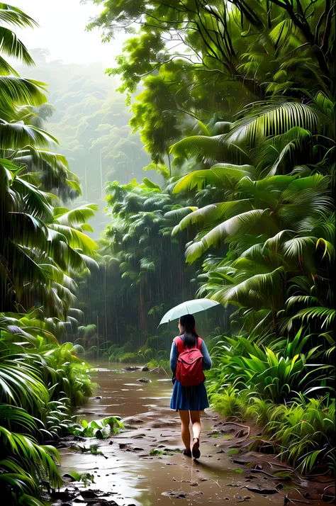 beautiful girl, pictures taken from afar, jungle background, detailed, wet mud floor, rainy weather, digital painting, art stati...